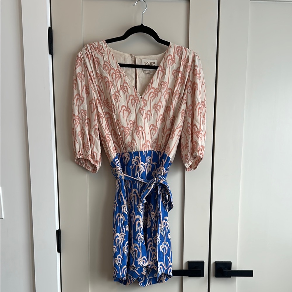 Scotch & Soda Pink and Blue V-Neck Puff Sleeve Romper